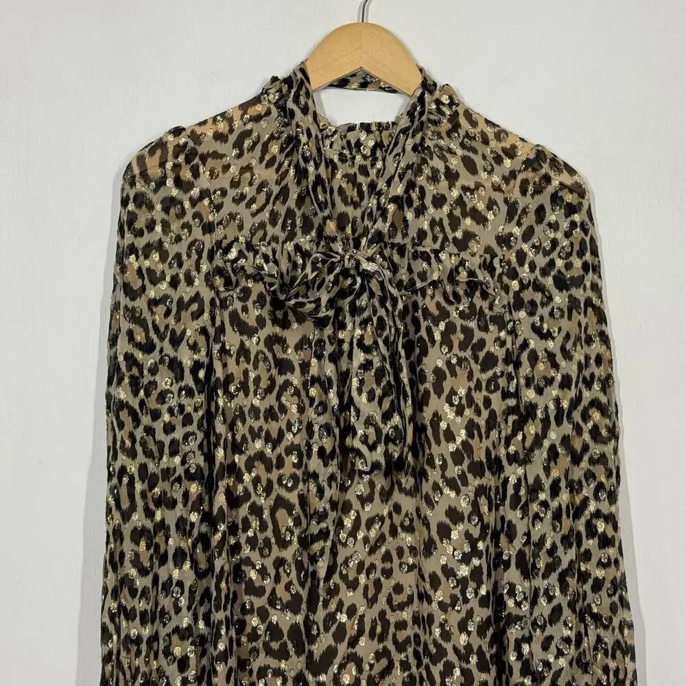 Kate Spade Mini Dress Womens Size 2 Beige Leopard Silk Blend Metallic Ruffle Dot